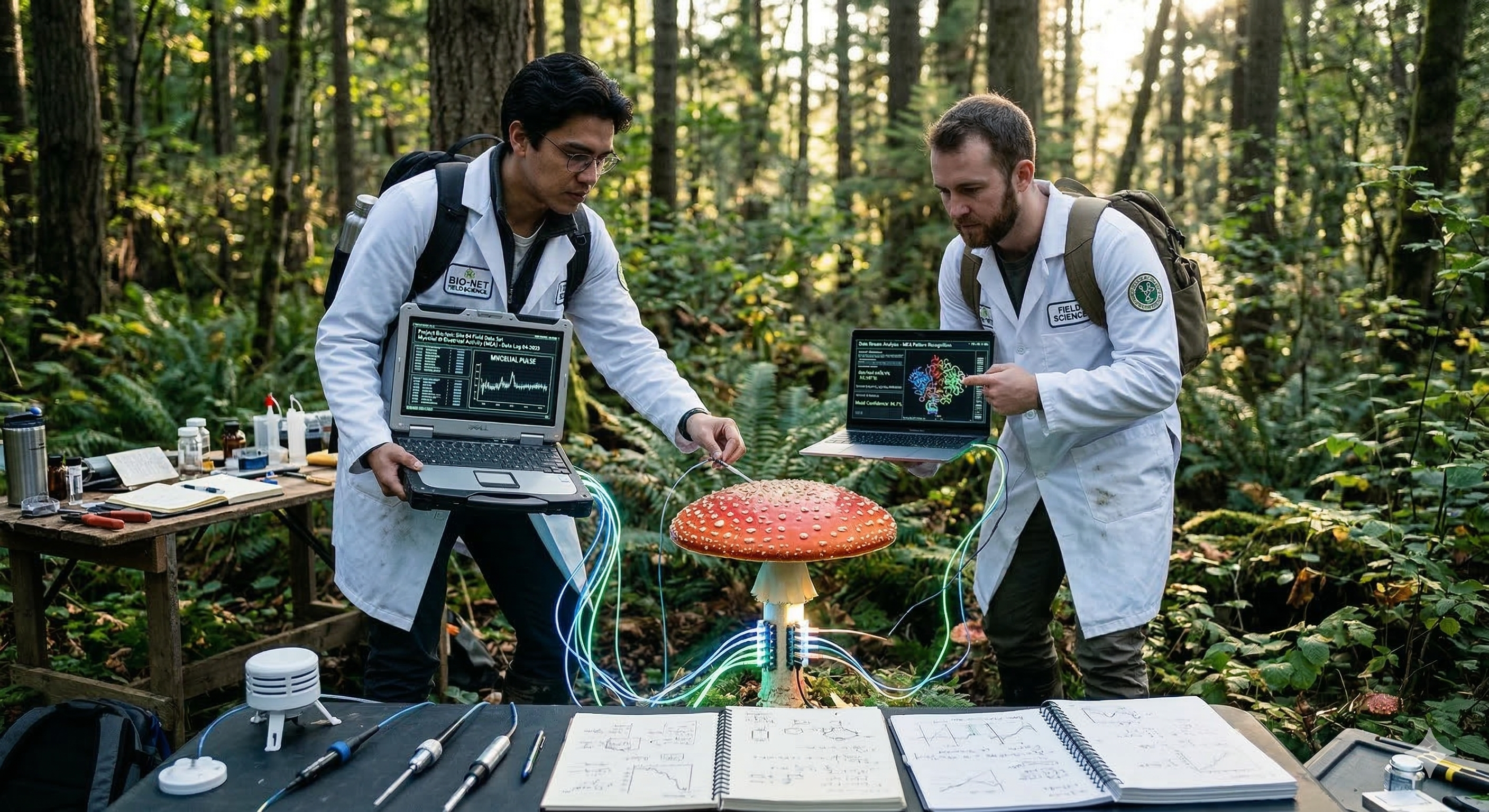 Two field researchers in a forest connect laptops to a mushroom with glowing cables.